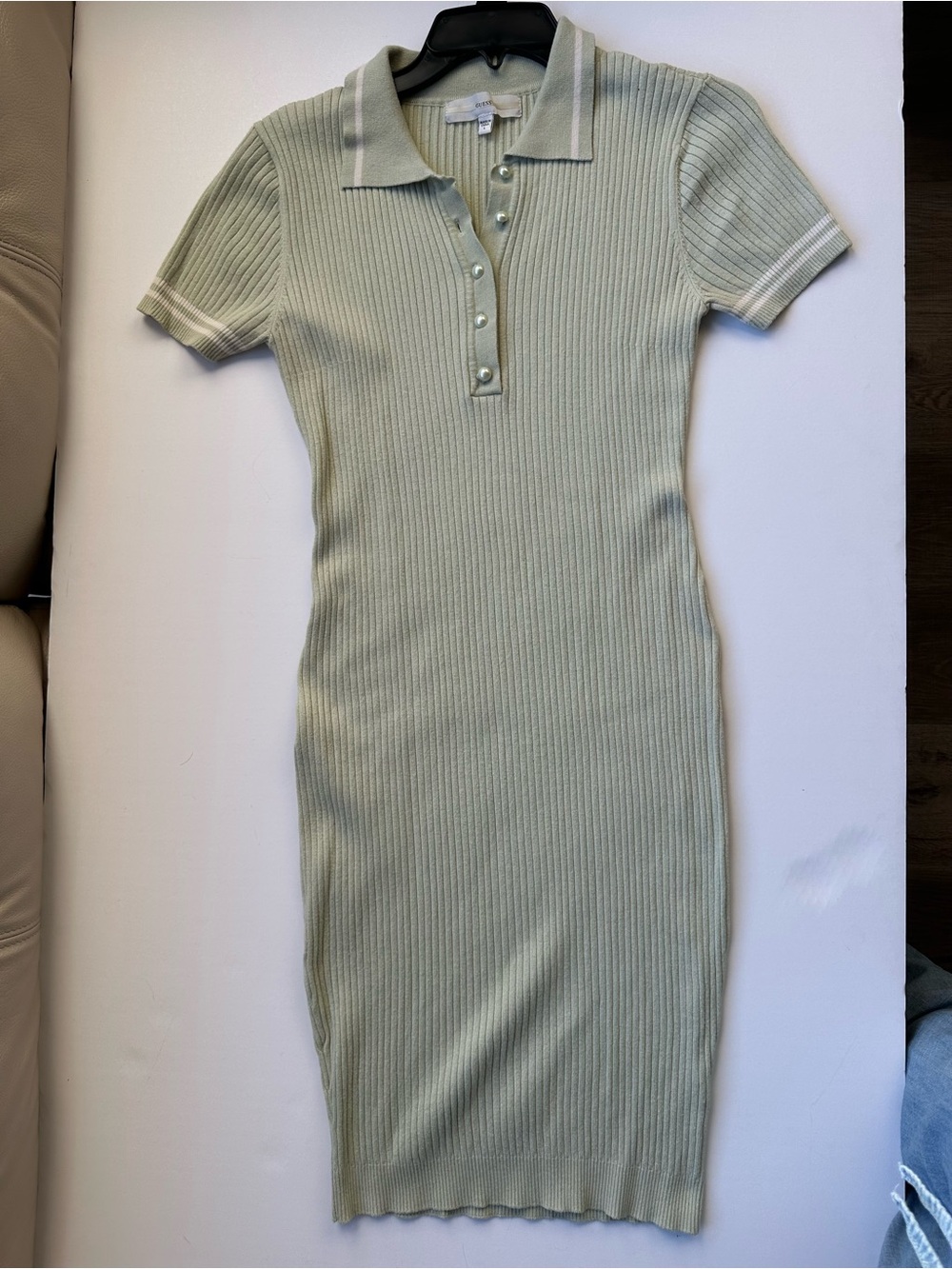 Guess Dress Size L. Green Cotton blend ribbed knit mini dress with pearl buttons